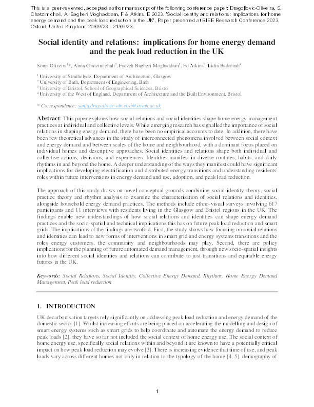 Social identity and relations: Implications for home energy demand and the peak load reduction in the UK Thumbnail
