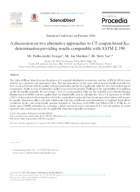 A discussion on two alternative approaches to CT coupon based K1C determination providing results comparable with ASTM E 399 Thumbnail