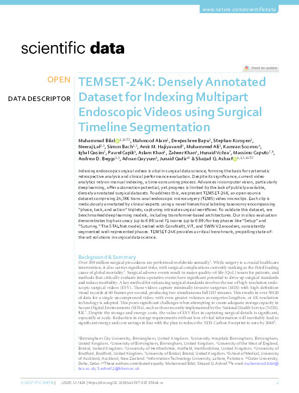 TEMSET-24K: Densely annotated dataset for indexing multipart endoscopic videos using surgical timeline segmentation Thumbnail