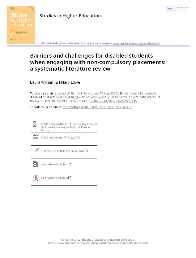 Barriers and challenges for disabled students when engaging with non-compulsory placements: A systematic literature review Thumbnail