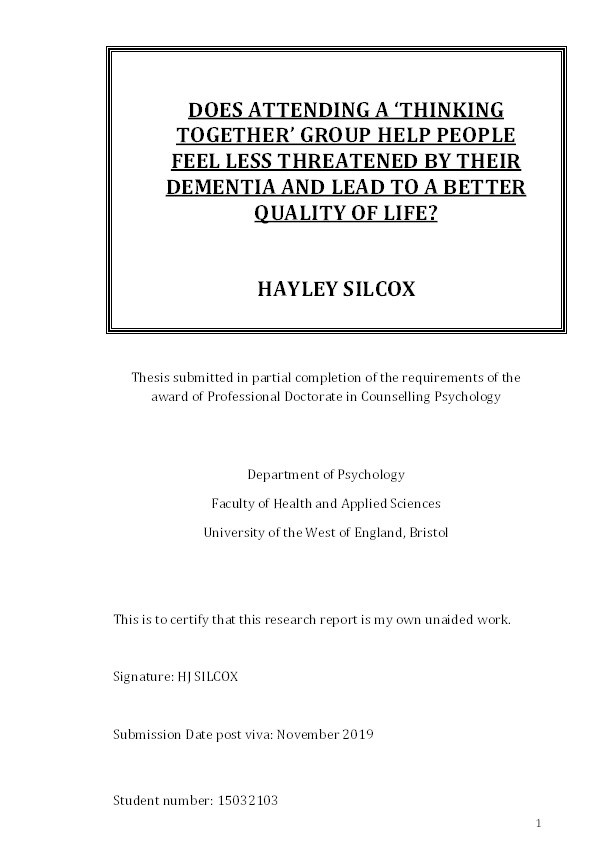 Does attending a 'Thinking Together' group help people feel less threatened by their dementia and lead to a better quality of life? Thumbnail