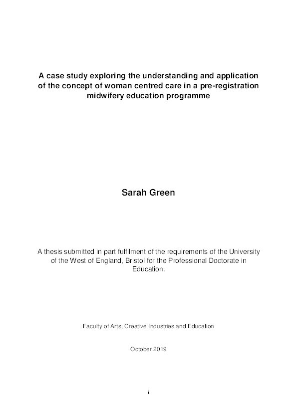 A case study exploring the definition and application of the concept of woman centred care in a pre-registration midwifery education programme Thumbnail