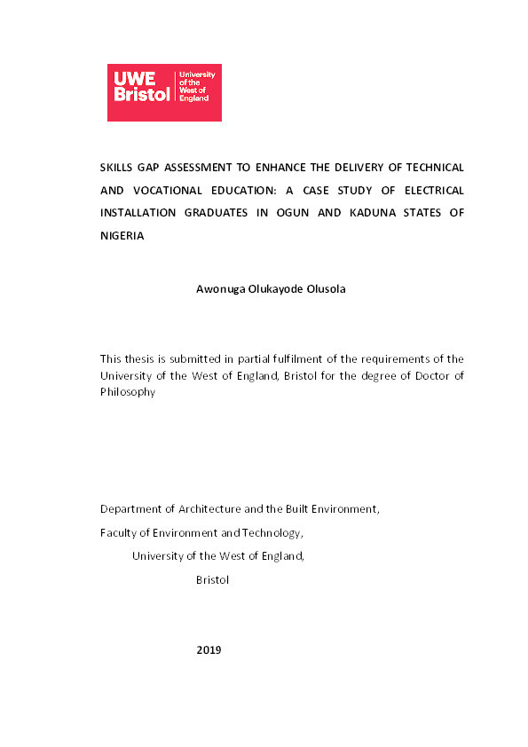 Skills gap assessment to enhance the delivery of technical and vocational education: A case study of electrical installation graduates in Ogun and Kaduna states of Nigeria Thumbnail