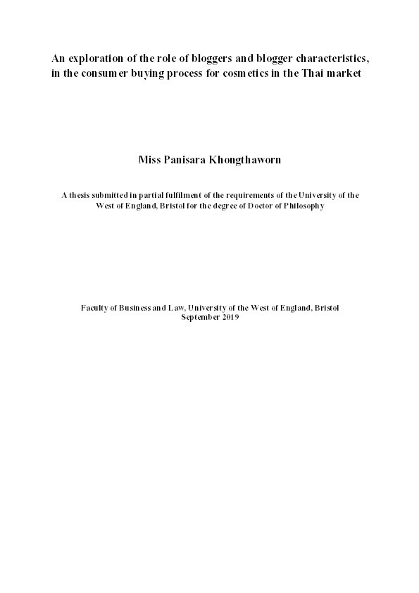 An exploration of the role of bloggers and blogger characteristics, in the consumer buying process for cosmetics in the Thai market Thumbnail