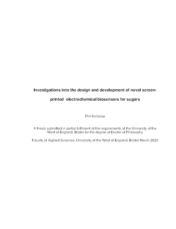 Investigations into the design and development of novel screenprinted electrochemical biosensors for sugars Thumbnail