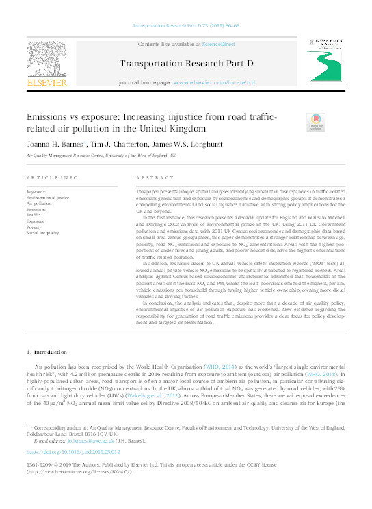 Emissions vs exposure: Increasing injustice from road traffic-related air pollution in the United Kingdom Thumbnail