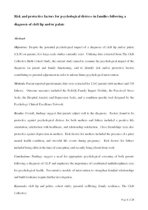 Risk and Protective Factors for Psychological Distress in Families Following a Diagnosis of Cleft Lip and/or Palate Thumbnail