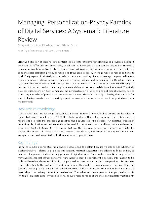 Managing personalization-privacy paradox of digital services: A systematic literature review Thumbnail