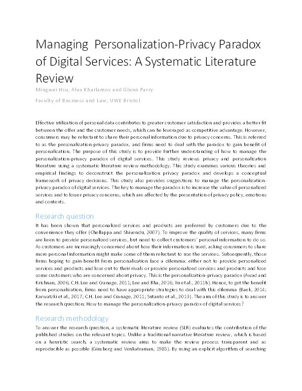 Managing personalization-privacy paradox of digital services: A systematic literature review Thumbnail