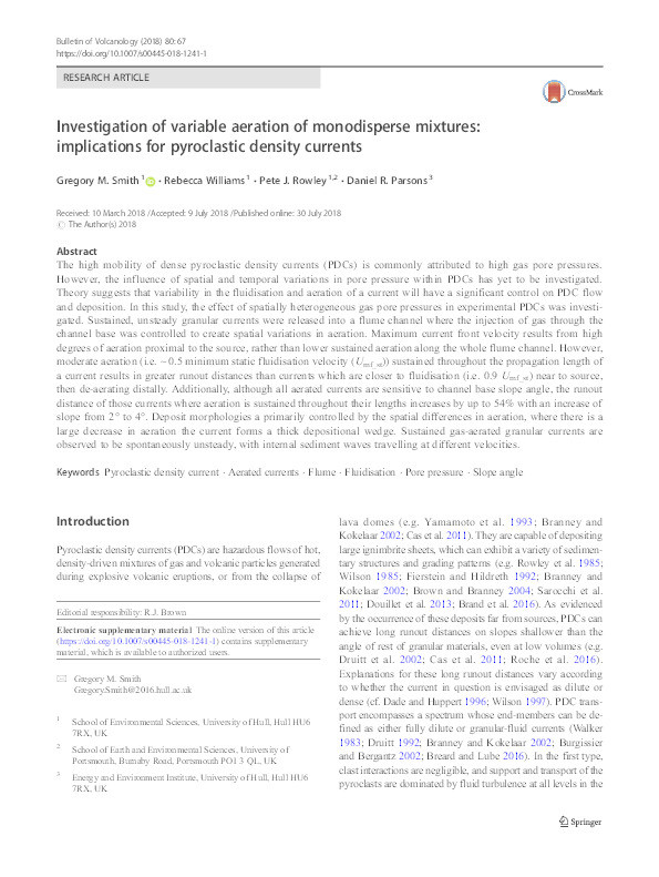 Investigation of variable aeration of monodisperse mixtures: implications for pyroclastic density currents Thumbnail