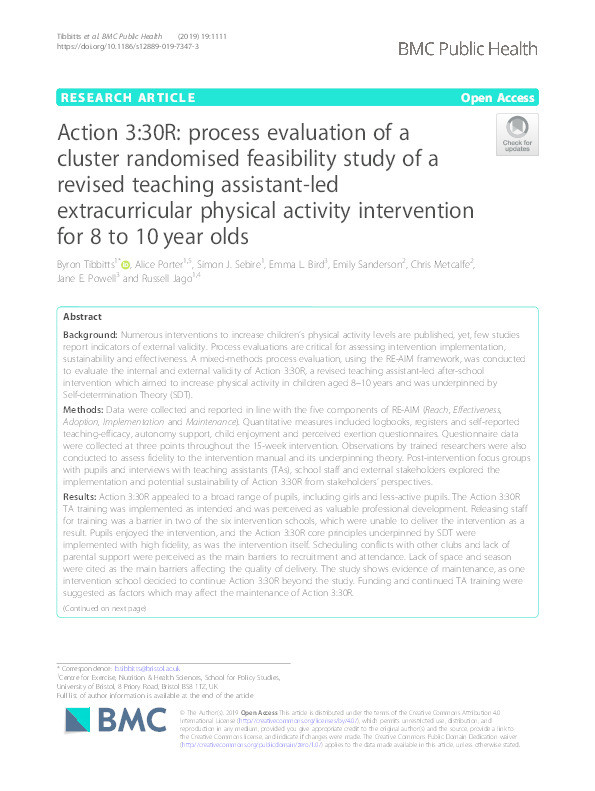 Action 3:30R: Process evaluation of a cluster randomised feasibility study of a revised teaching assistant-led extracurricular physical activity intervention for 8 to 10 year olds Thumbnail