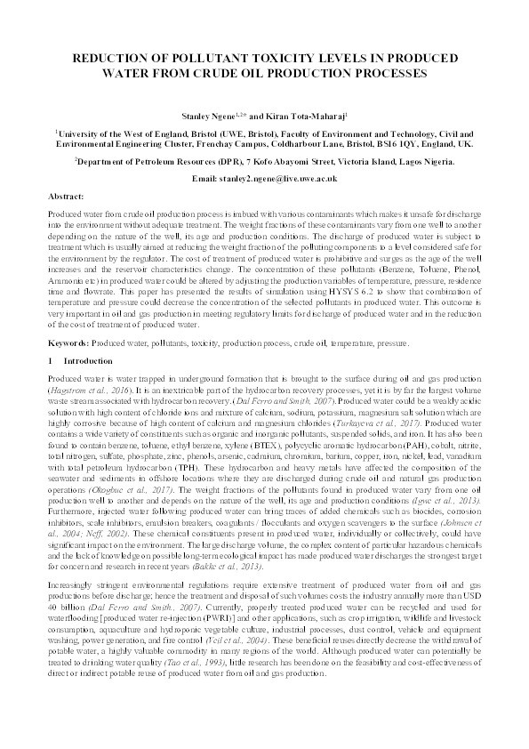 Reduction of Pollutant Toxicity Levels in Produced Water from Crude Oil Production Processes Thumbnail