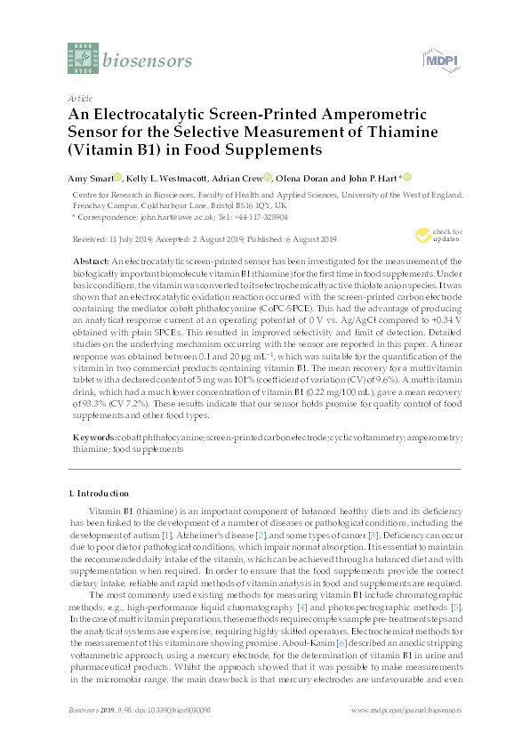 An electrocatalytic screen-printed amperometric sensor for the selective measurement of thiamine (Vitamin B1) in food supplements Thumbnail