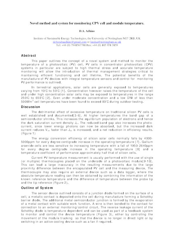 Novel method and system for monitoring CPV cell and module temperature Thumbnail