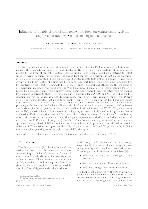 Influence of blends of diesel and renewable fuels on compression ignition engine emissions over transient engine conditions Thumbnail