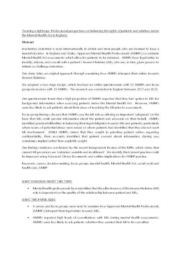 Treading a tightrope: Professional perspectives on balancing the rights of patient's and relative's under the Mental Health Act in England Thumbnail