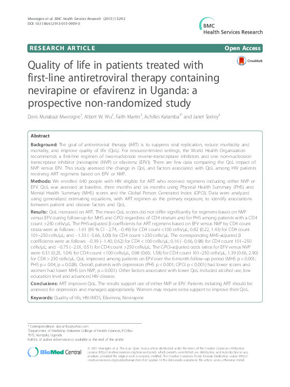 Quality of life in patients treated with first-line antiretroviral therapy containing nevirapine or efavirenz in Uganda: A prospective non-randomized study Thumbnail