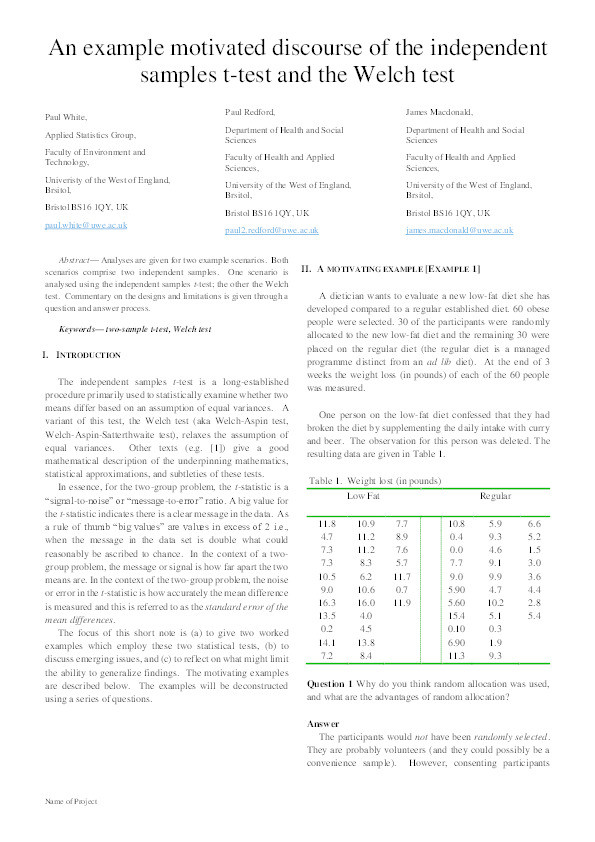 An example motivated discourse of the independent samples t-test and the Welch test Thumbnail