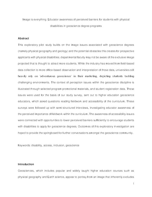 Image is everything: Educator awareness of perceived barriers for students with physical disabilities in geoscience degree programs Thumbnail