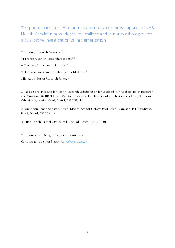 Telephone outreach by community workers to improve uptake of NHS Health Checks in more deprived localities and minority ethnic groups: A qualitative investigation of implementation Thumbnail