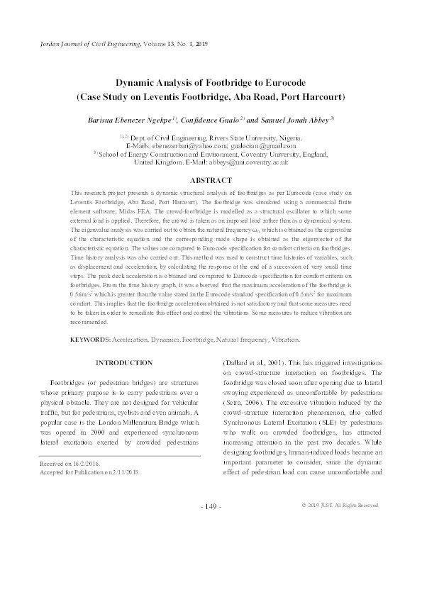 Dynamic analysis of Footbridge to Eurocode (case study on Leventis Footbridge, Aba Road, Port Harcourt) Thumbnail