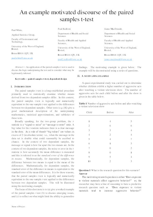 An example motivated discourse of the paired samples t-test Thumbnail