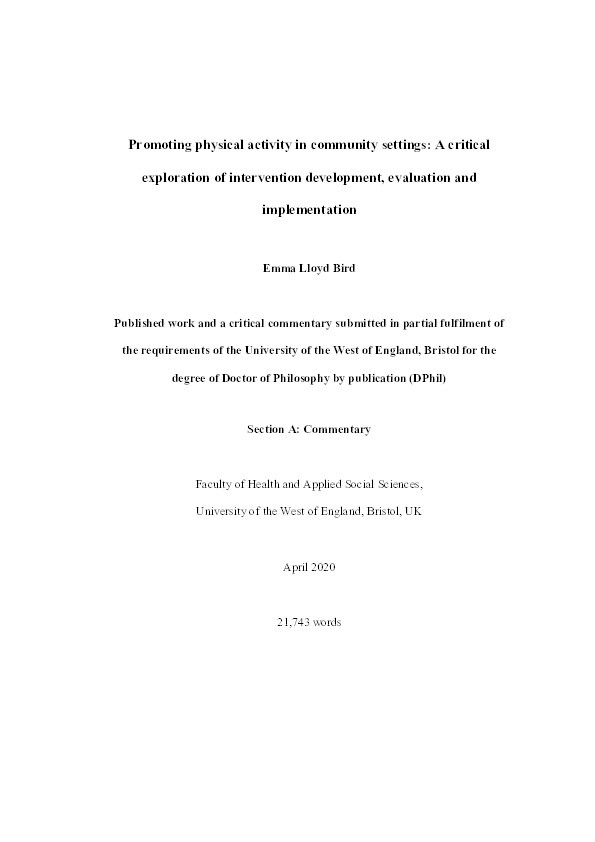 Promoting physical activity in community settings: A critical exploration of intervention development, evaluation and implementation Thumbnail