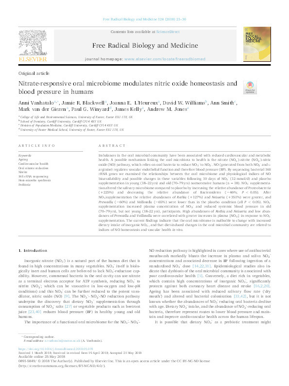 Nitrate-responsive oral microbiome modulates nitric oxide homeostasis and blood pressure in humans Thumbnail