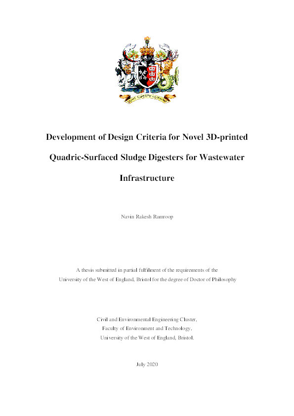 Development of design criteria for novel 3D-printed quadric-surfaced sludge digesters for wastewater infrastructure Thumbnail