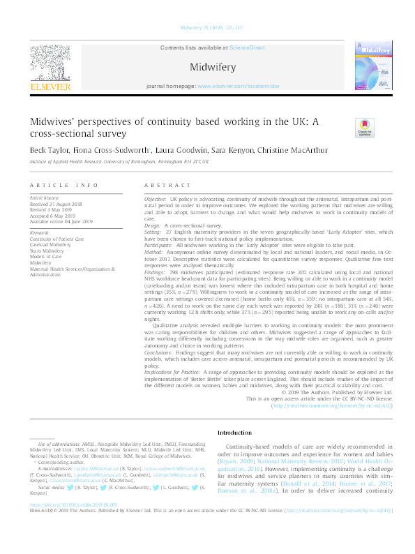 Midwives’ perspectives of continuity based working in the UK: A cross-sectional survey Thumbnail