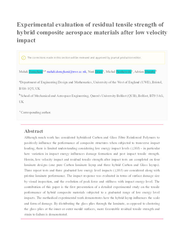 Experimental evaluation of residual tensile strength of hybrid composite aerospace materials after low velocity impact Thumbnail