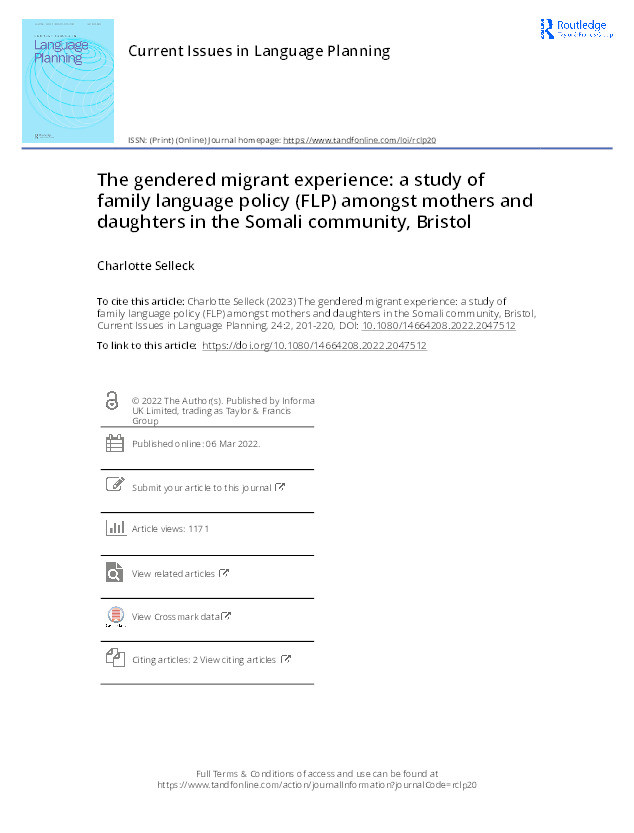 The gendered migrant experience: A study of Family Language Policy (FLP) amongst mothers and daughters in the Somali Community, Bristol Thumbnail