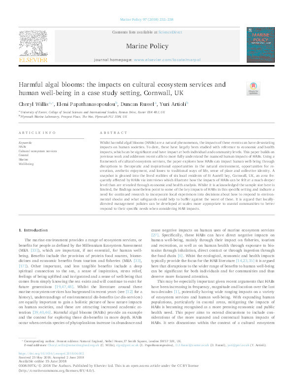 Harmful algal blooms: the impacts on cultural ecosystem services and human well-being in a case study setting, Cornwall, UK Thumbnail