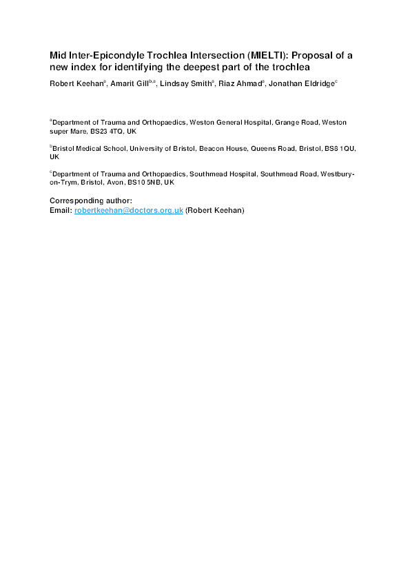 Mid inter-epicondyle trochlea intersection (MIELTI): Proposal of a new index for identifying the deepest part of the trochlea Thumbnail