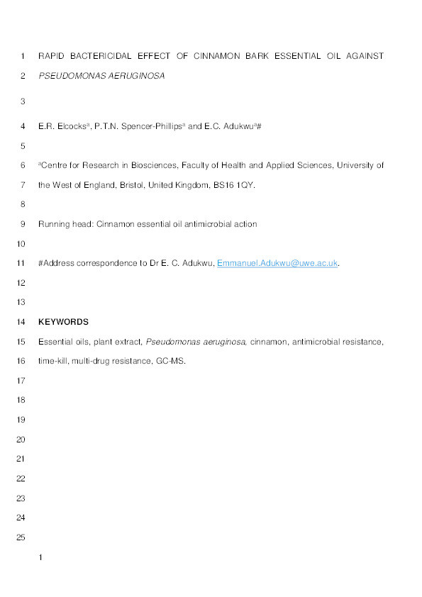 Rapid bactericidal effect of cinnamon bark essential oil against Pseudomonas aeruginosa Thumbnail