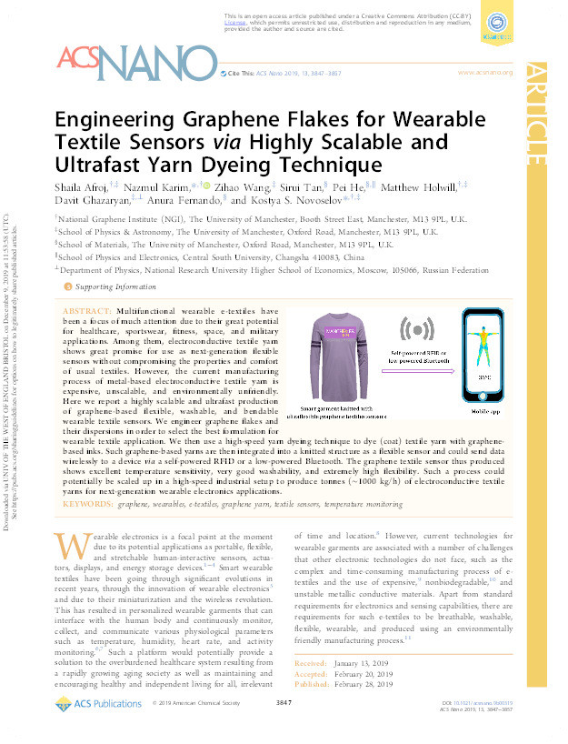 Engineering Graphene Flakes for Wearable Textile Sensors via Highly Scalable and Ultrafast Yarn Dyeing Technique Thumbnail