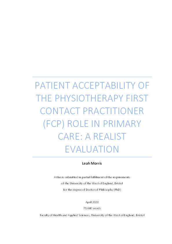 Patient acceptability of the physiotherapy First Contact Practitioner (FCP) role in Primary Care: A realist evaluation Thumbnail