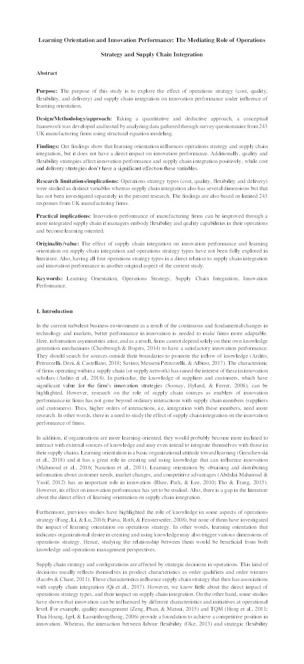 Learning orientation and innovation performance: The mediating role of operations strategy and supply chain integration Thumbnail