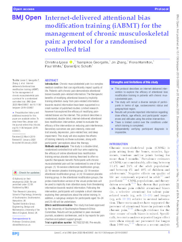 Internet-delivered attentional bias modification training (iABMT) for the management of chronic musculoskeletal pain: A protocol for a randomised controlled trial Thumbnail