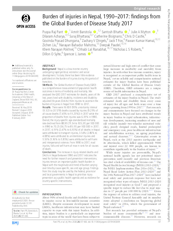Burden of injuries in Nepal, 1990–2017: Findings from the Global Burden of Disease Study 2017 Thumbnail