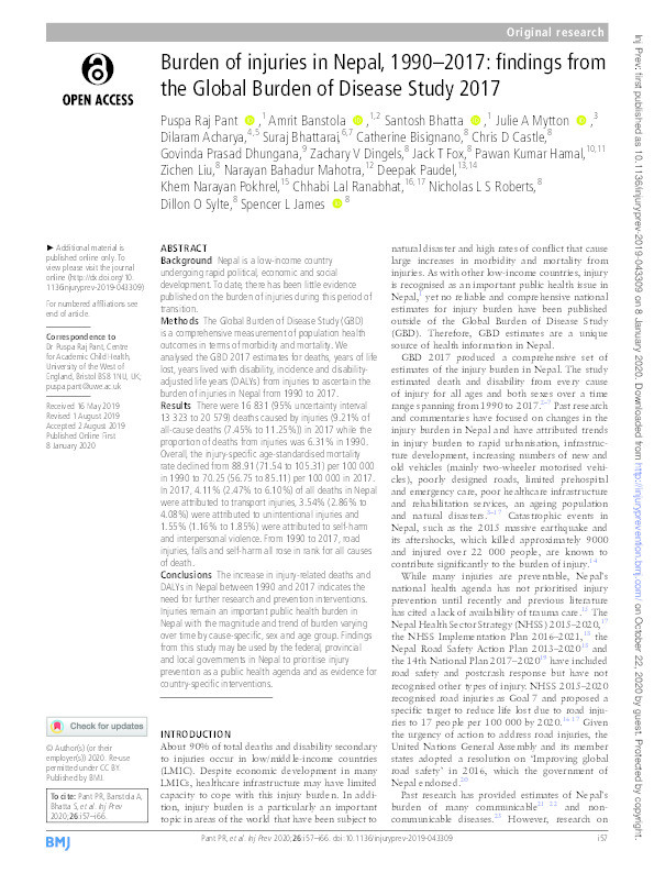 Burden of injuries in Nepal, 1990–2017: Findings from the Global Burden of Disease Study 2017 Thumbnail