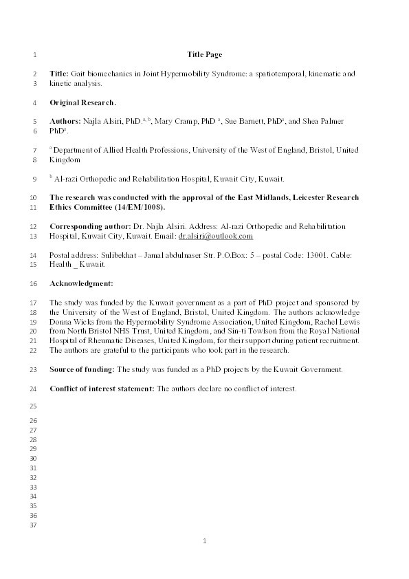 Gait biomechanics in joint hypermobility syndrome: A spatiotemporal, kinematic and kinetic analysis Thumbnail