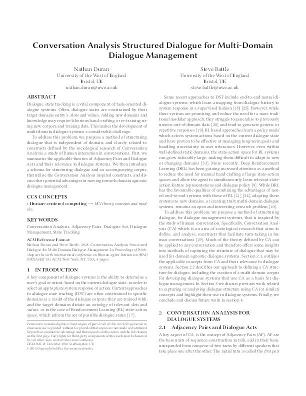 Conversation analysis structured dialogue for multi-domain dialogue management Thumbnail
