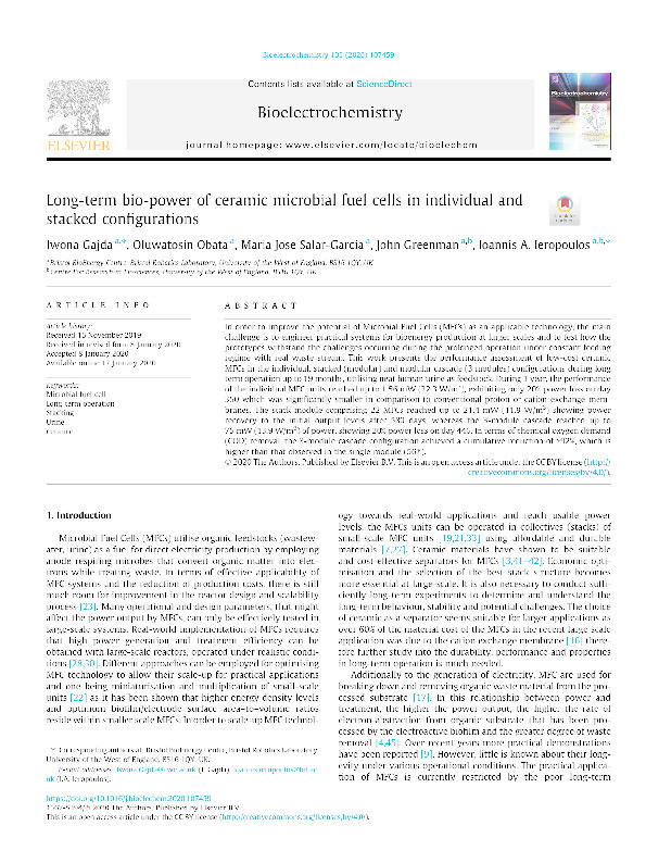 Long-term bio-power of ceramic microbial fuel cells in individual and stacked configurations Thumbnail