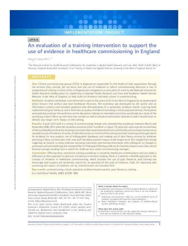 An evaluation of a training intervention to support the use of evidence in healthcare commissioning in England Thumbnail