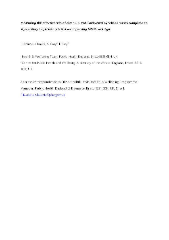 Measuring the effectiveness of catch-up MMR delivered by school nurses compared to signposting to general practice on improving MMR coverage Thumbnail