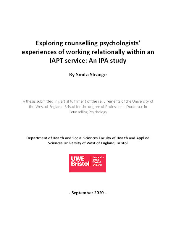 Exploring counselling psychologists’ experiences of working relationally within an IAPT service: An IPA study Thumbnail