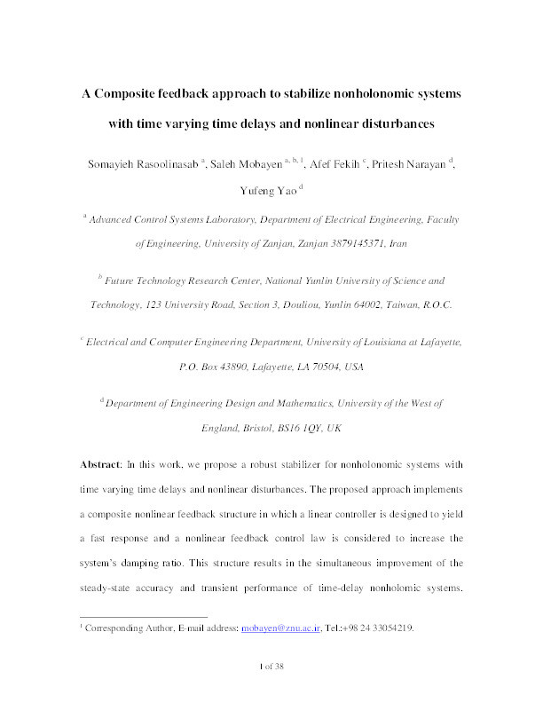 A composite feedback approach to stabilize nonholonomic systems with time varying time delays and nonlinear disturbances Thumbnail