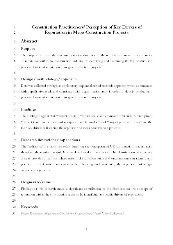 Construction practitioners’ perception of key drivers of reputation in mega-construction projects Thumbnail