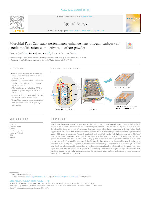 Microbial fuel cell stack performance enhancement through carbon veil anode modification with activated carbon powder Thumbnail